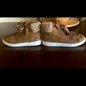 UGG TAN SUEDE HI TOP ZIP/LACE UP SNEAKERS
